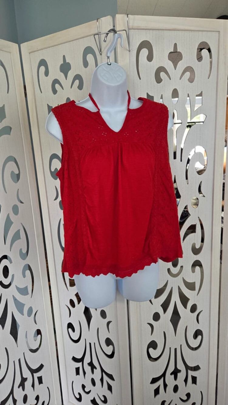 Knox Rose Red Eyelet Lace Blouse Boho Tassel Tie Swing Top Women's M cottagecore